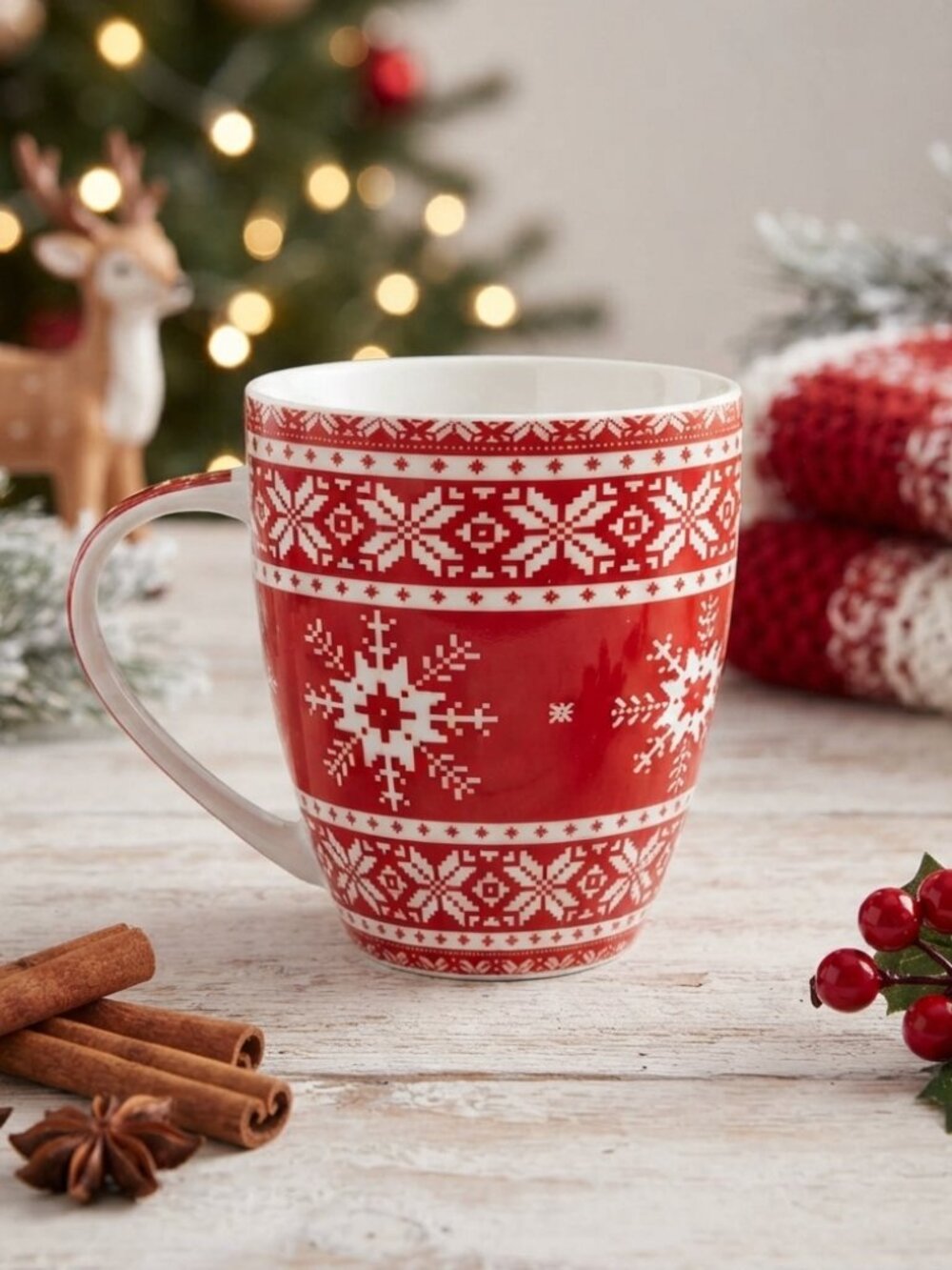Festive Nordic Fair Isle Red & White Snowflake Christmas Coffee Mug Holiday Deco